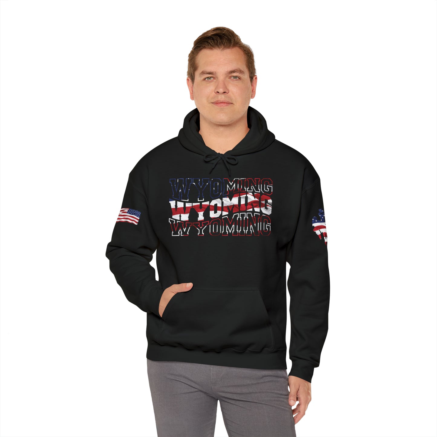 Wyoming Patriotic Wavy Name Heavy Blend Pullover Hoodie