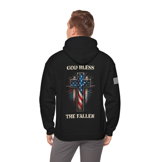 God Bless the Fallen Patriotic Cross Heavy Blend Pullover Hoodie