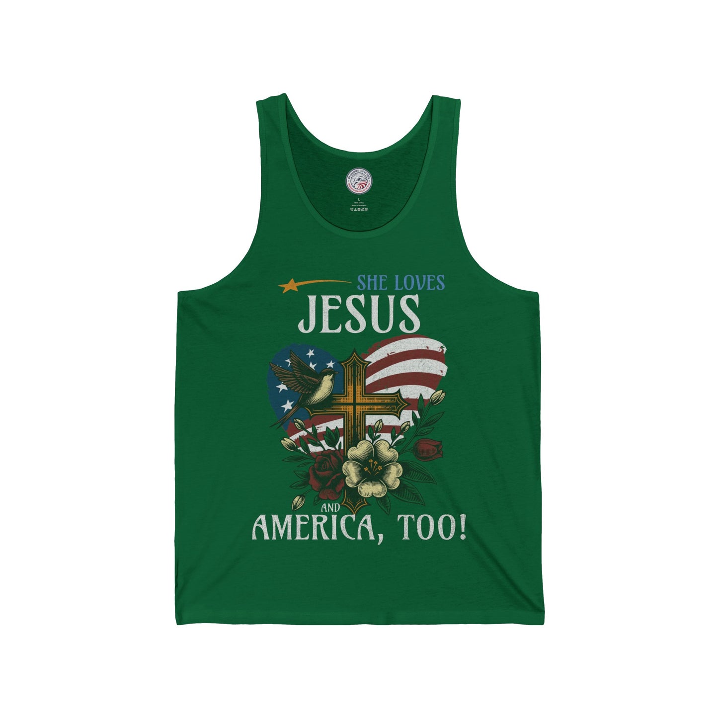 She Loves Jesus and America, Too Jersey Tank