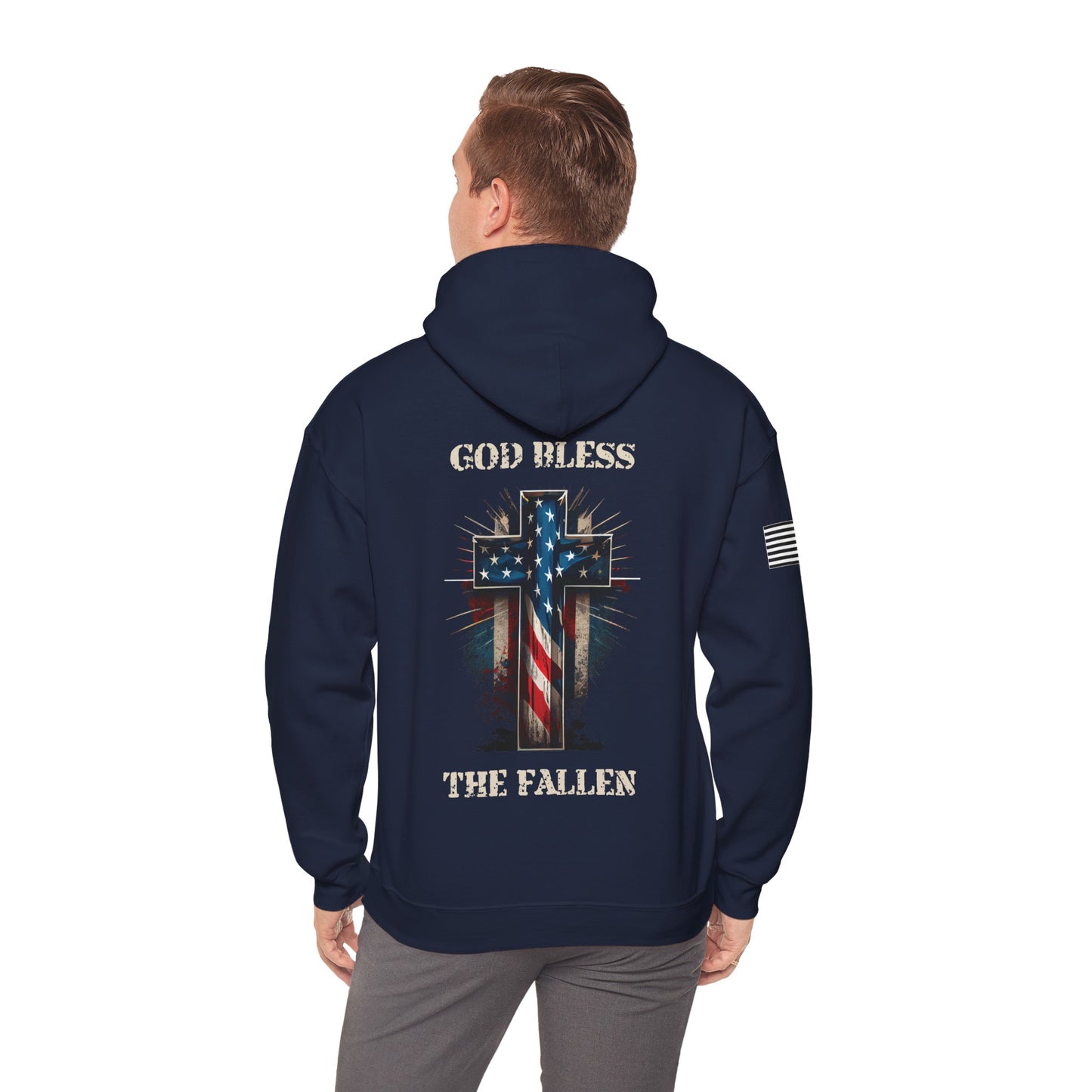 God Bless the Fallen Patriotic Cross Heavy Blend Pullover Hoodie