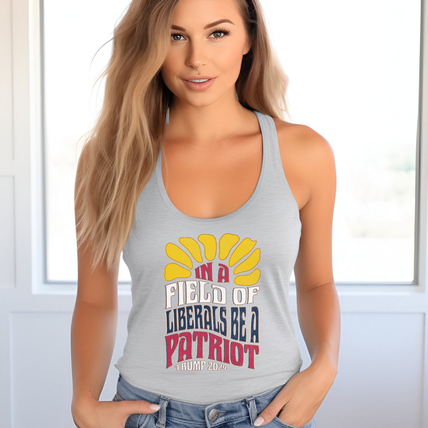 In a Field of Liberals Be a Patriot Ladies' Slim Fit Racerback Tank