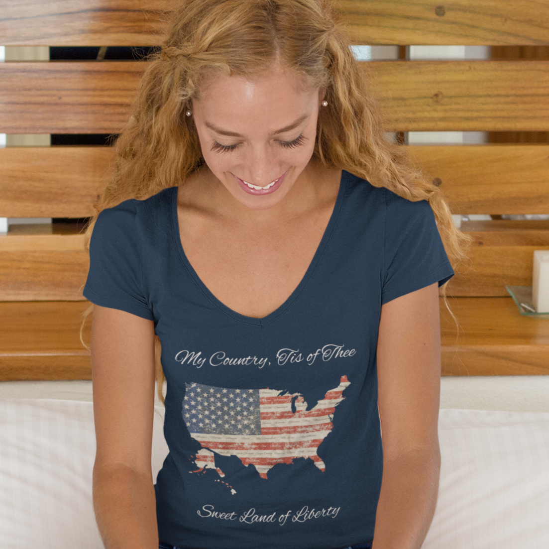 My Country, 'Tis of Thee Ladies' Slim Fit Deep V-Neck Tee