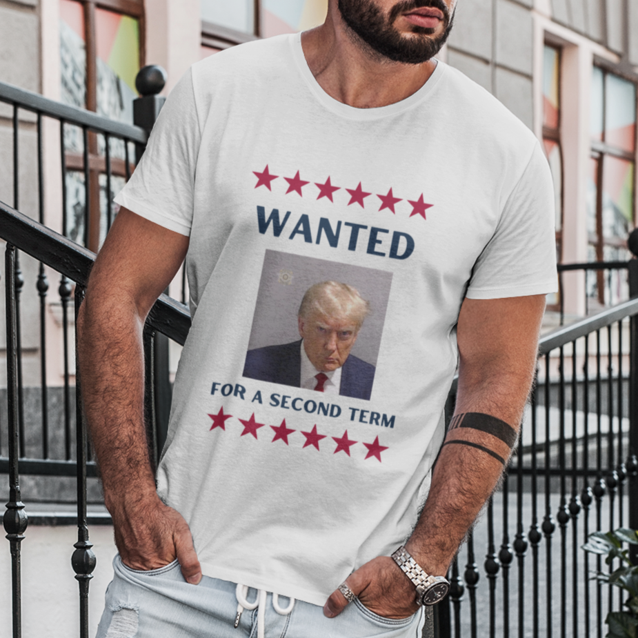 Trump - Wanted for a Second Term Premium Tee - Blue Text