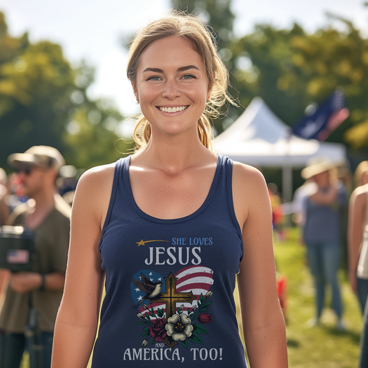 She Loves Jesus and America, Too Jersey Tank