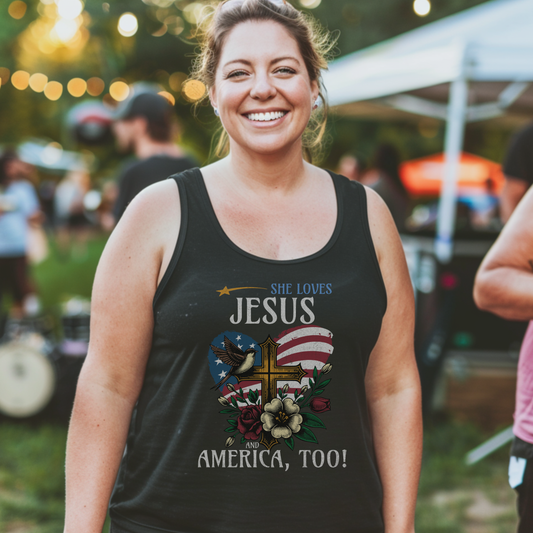 She Loves Jesus and America, Too Ladies' Flowy Racerback Tank