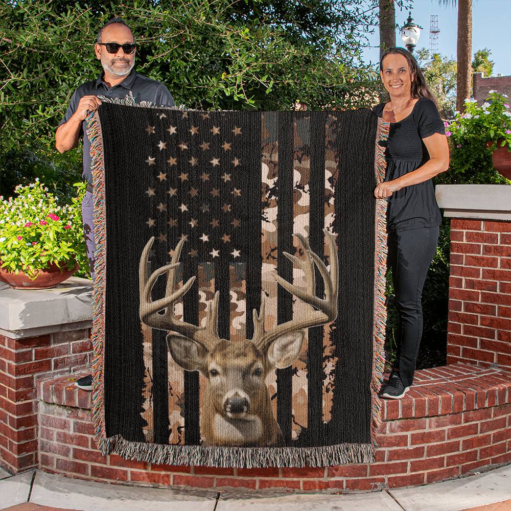 Patriotic Deer Hunting Woven Blanket