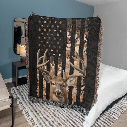 Patriotic Deer Hunting Woven Blanket