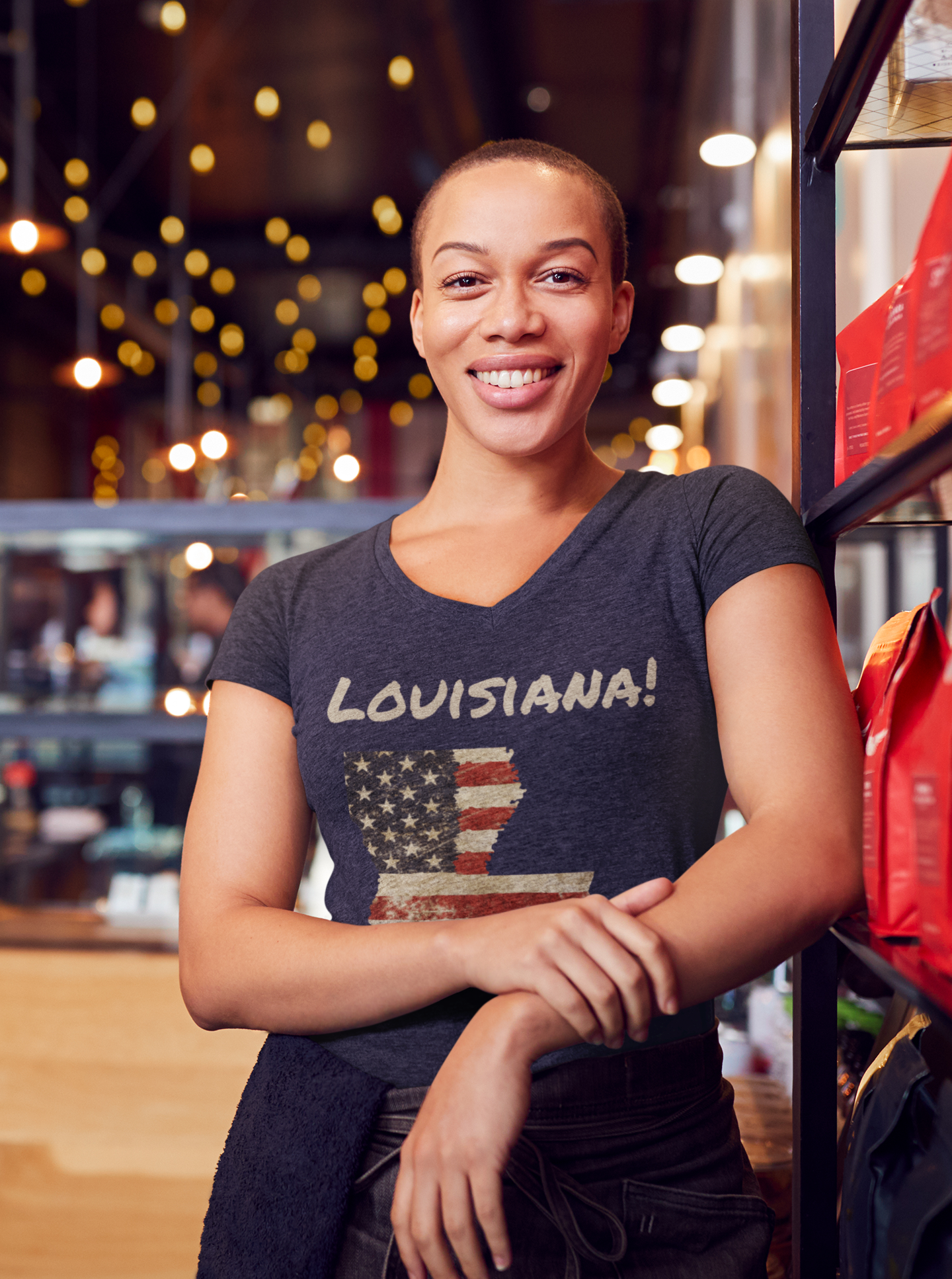 Louisiana Distressed Flag Ladies' Heavy Cotton V-Neck Tee